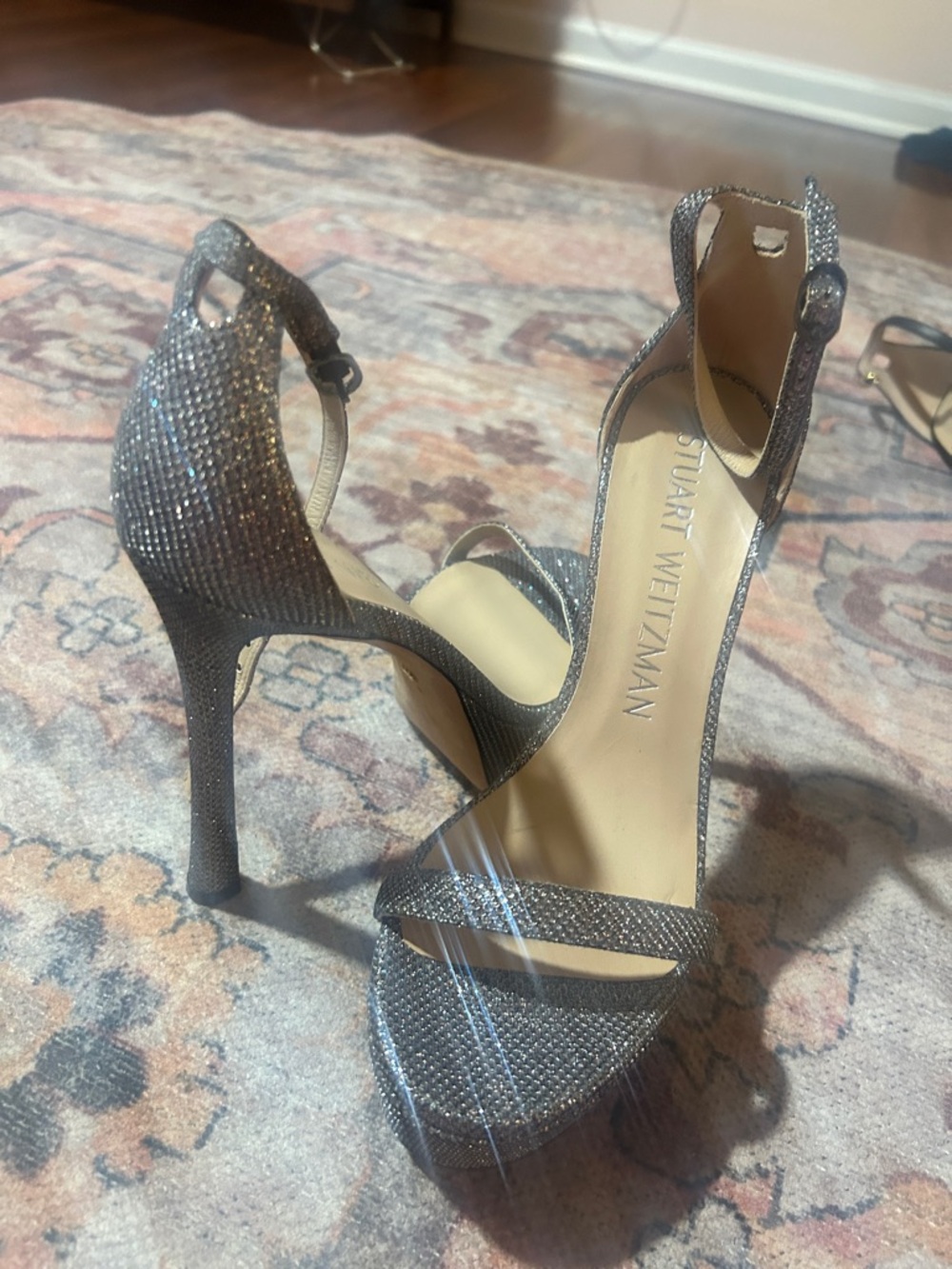 Stuart Weitzman Silver Glitter Ankle-Strap Stilettos